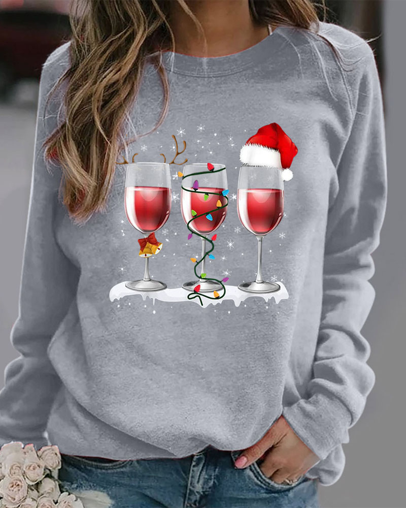 

Christmas Hat Wine Glass Print Long Sleeve Top Casual O Neck Daily Shirt, Gray