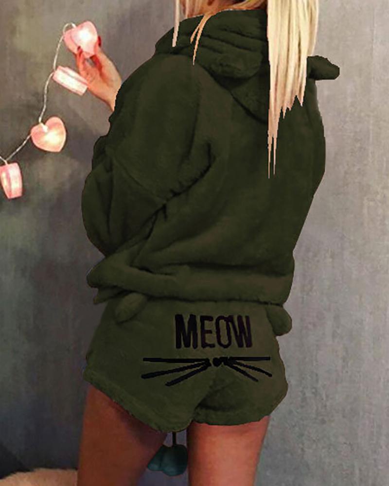 

Fluffy Hooded Coat & Short Sets, Army green