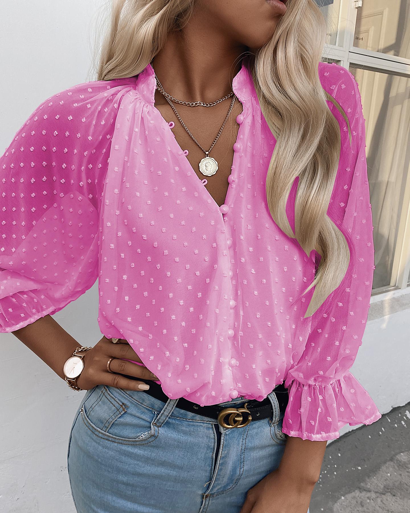 

Dots Button Long Sleeve Blouse, Hot pink