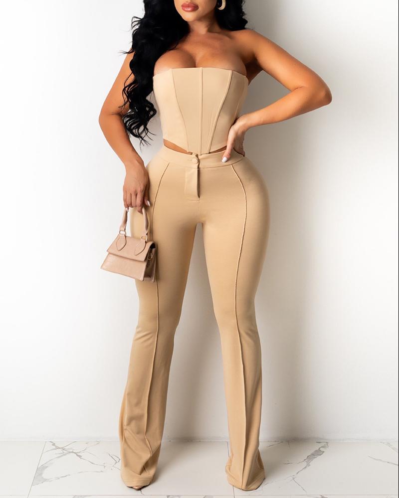 

Corset Sleeveless Top & High Waist Pants Set, Khaki