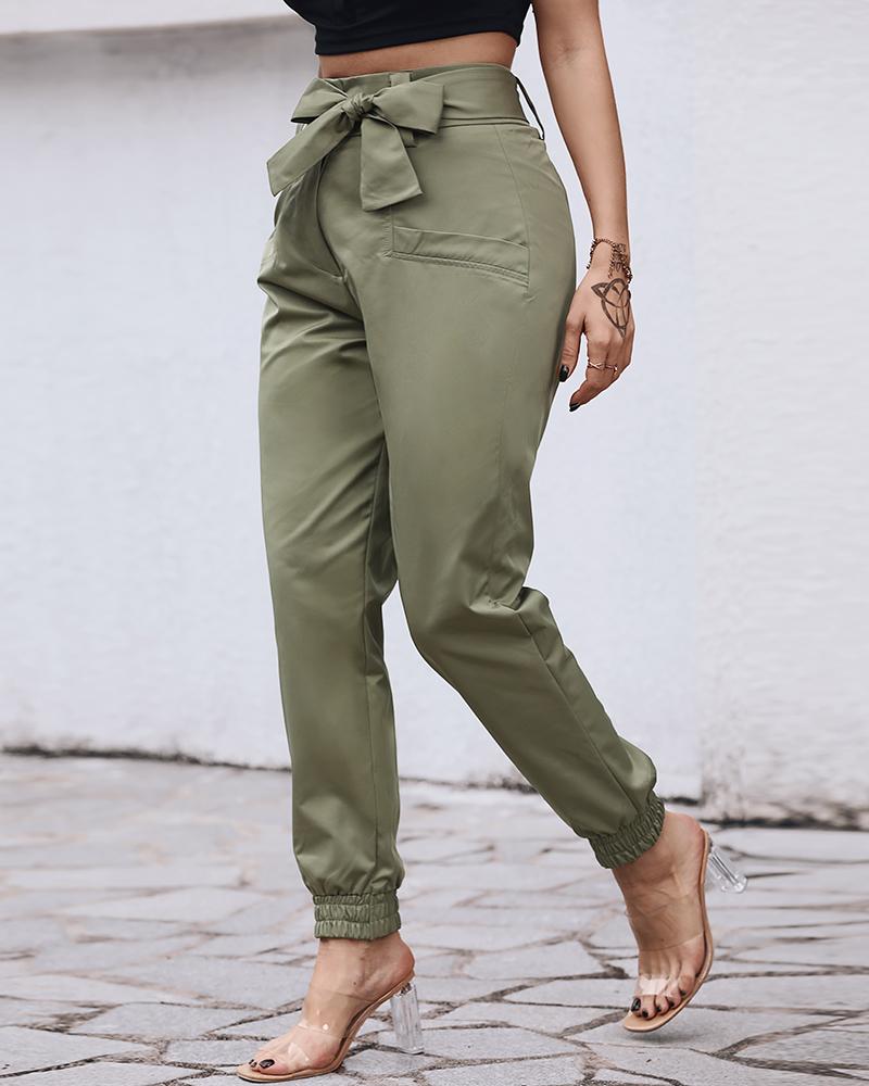

High Waist Pocket Design Ruched Pants, Green