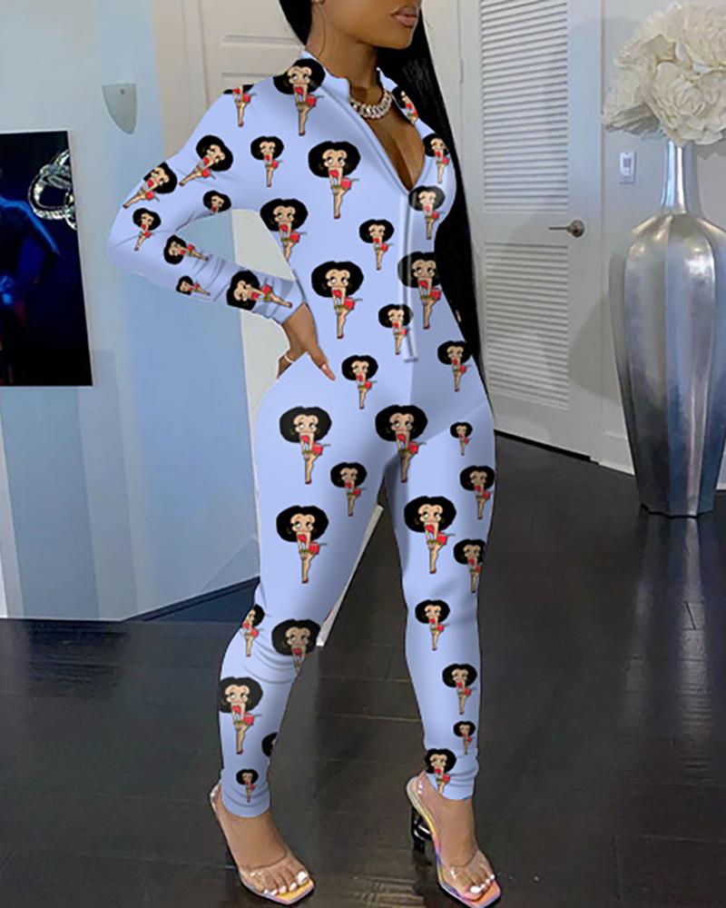 

Print Long Sleeve Zipper Design Jumpsuit, Light blue