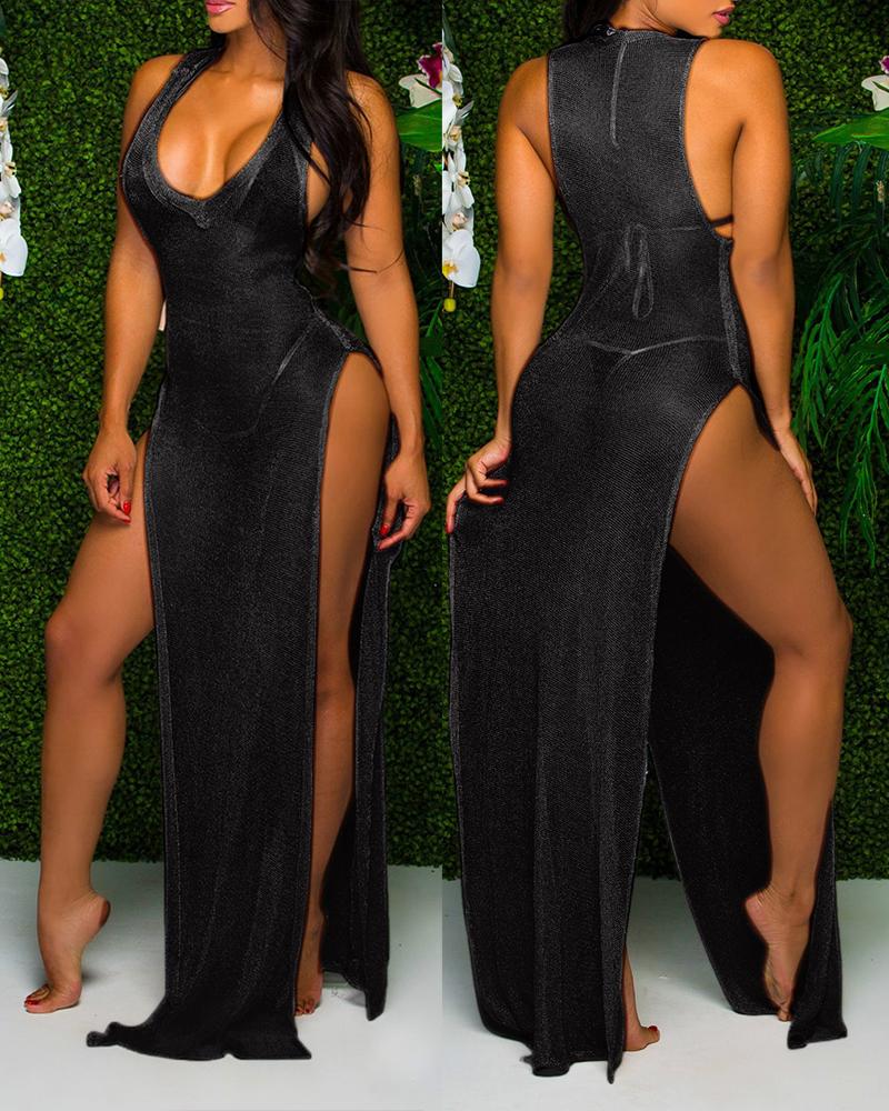 

Sheer Mesh Sleeveless High Slit Maxi Dress, Black