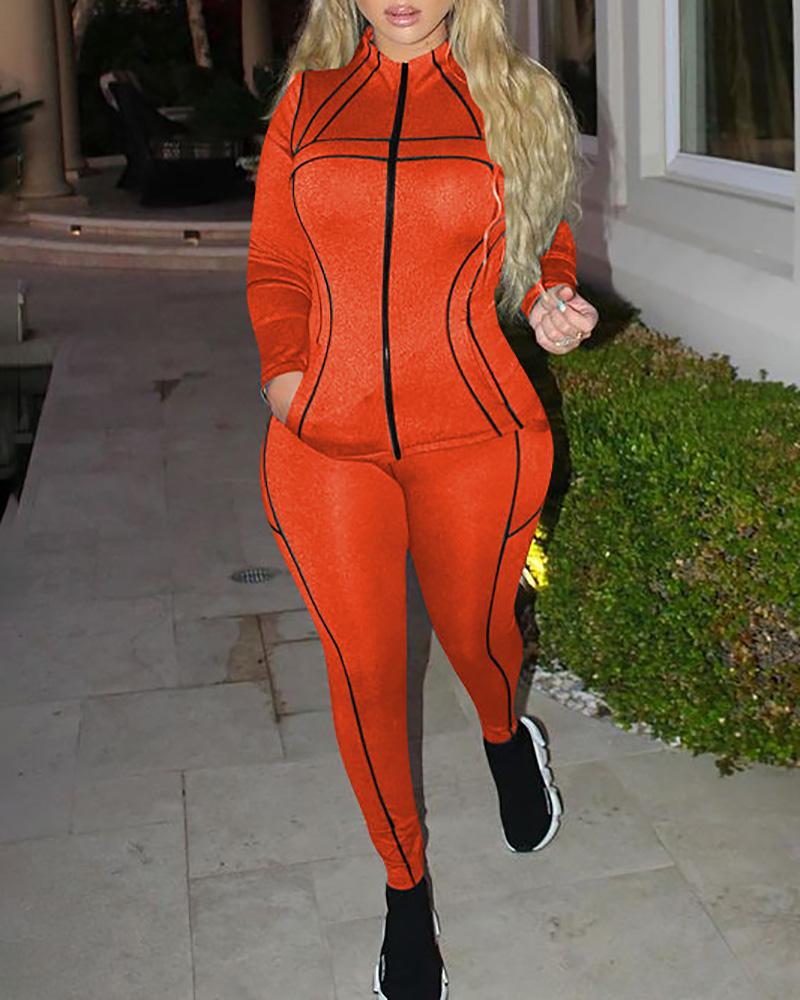 

Zipper Design Coat & High Waist Pants Set, Orange