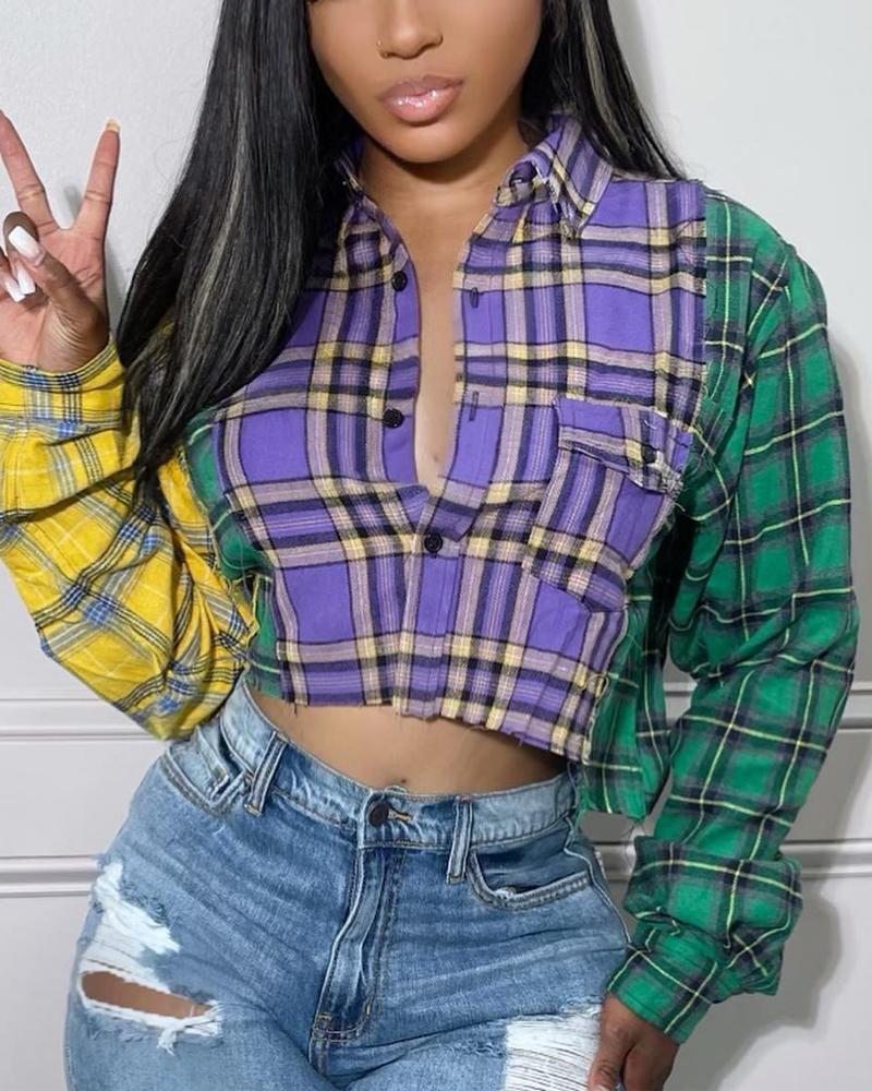 

Colorblock Plaid Print Long Sleeve Crop Top, Purple