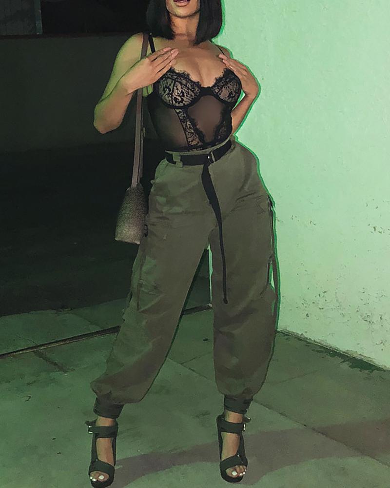 

Buttoned Pockets Design High Waist Cargo Pants, Green