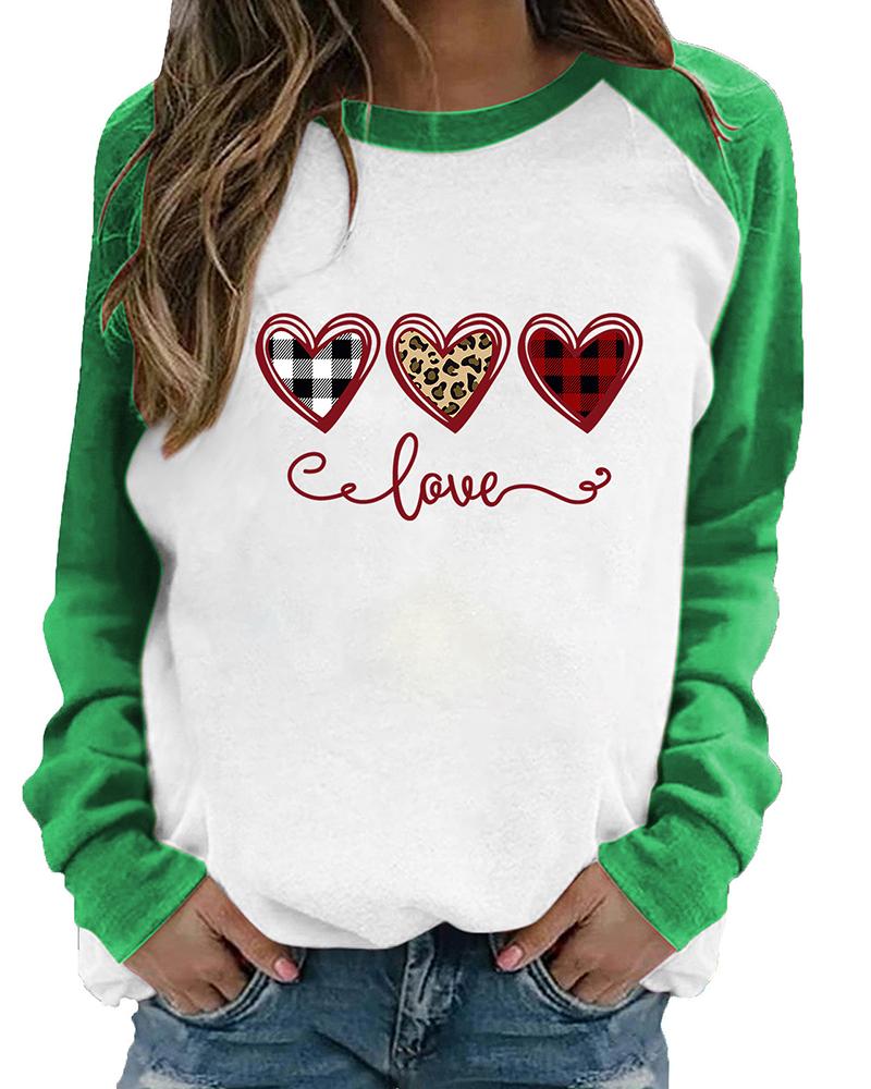

Valentine' Day Heart Plaid Cheetah Print Long Sleeve Top, Green