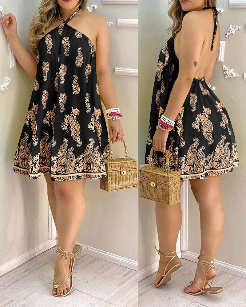 

Paisley Print Halter Backless Casual Dress, Black