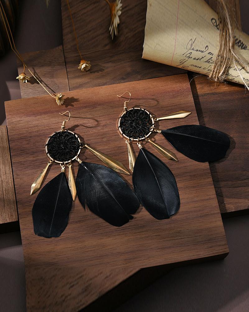 

1Pair Feather Decor Dream Catcher Shaped Drop Earrings, Black