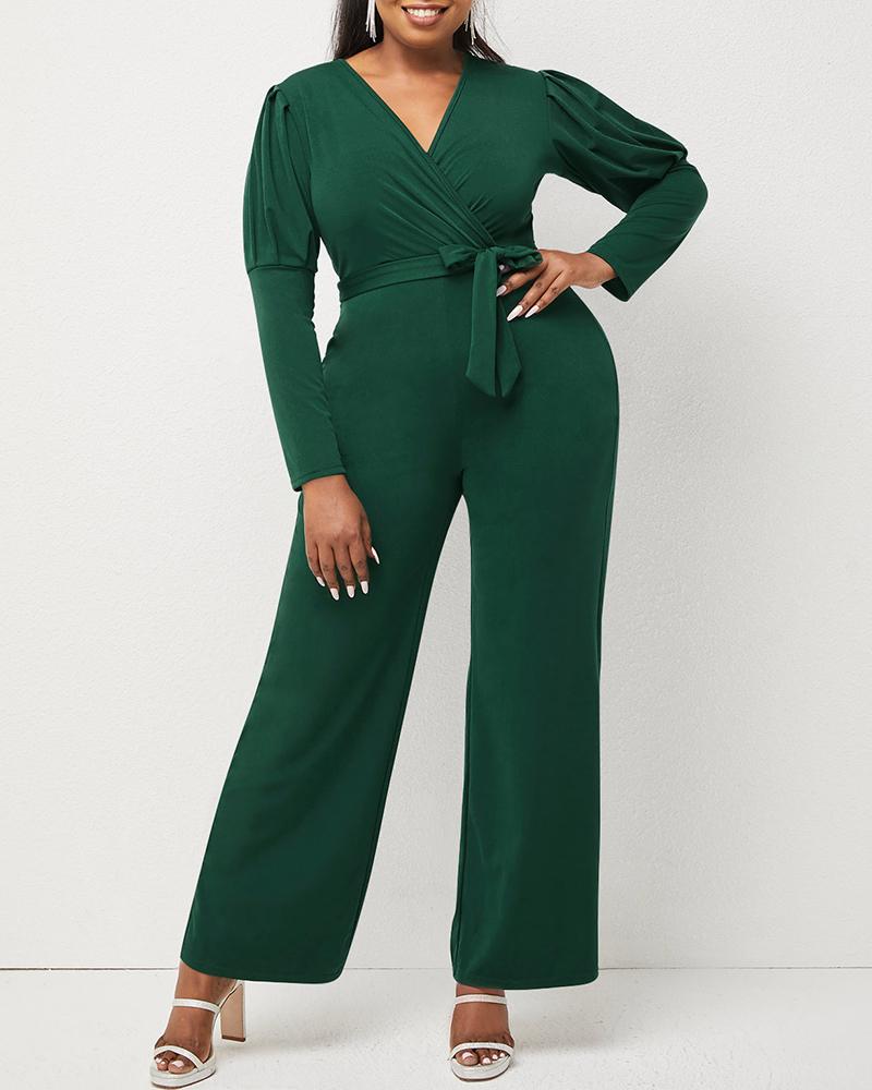 

Puff Sleeve Tied Detail Wide Leg Jumpsuit, Green