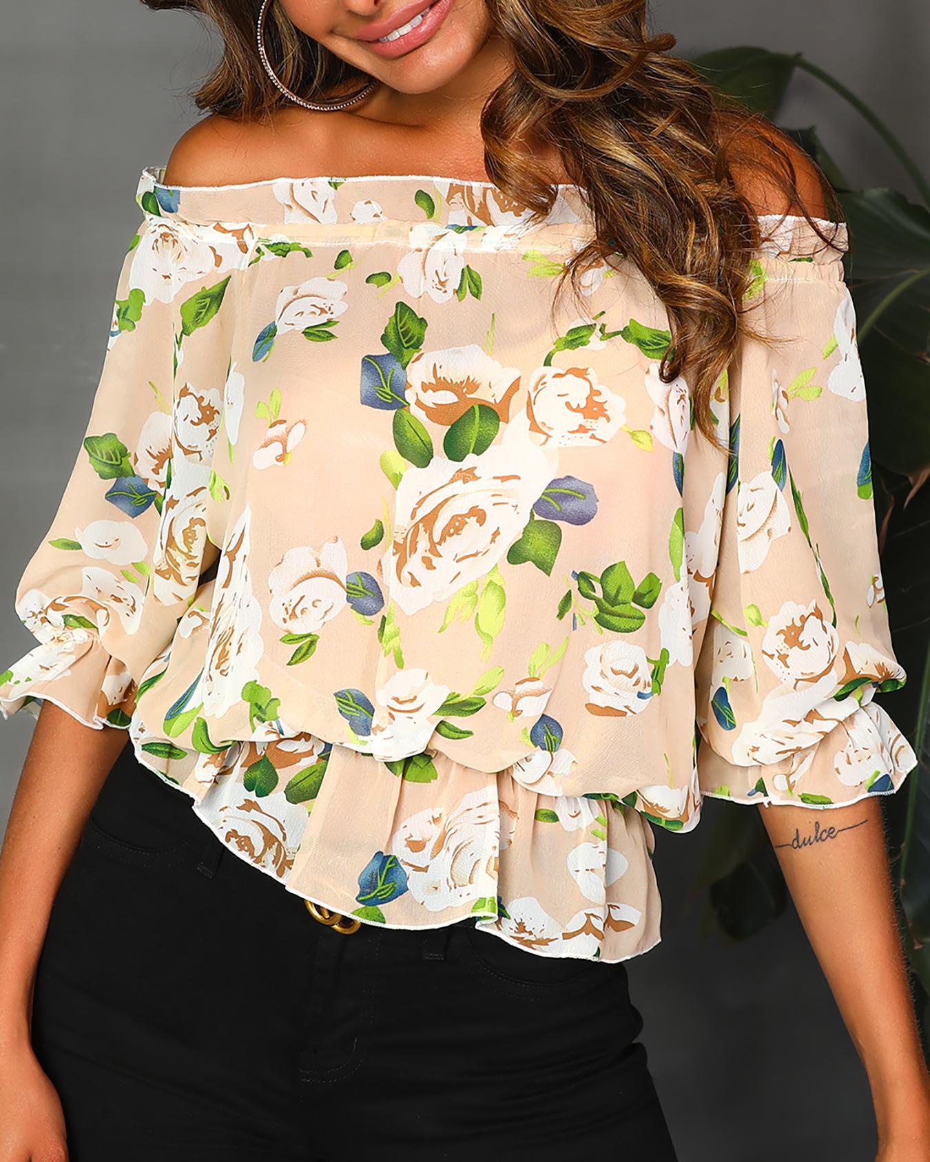 

Ruffles Off Shoulder Floral Print Blouse, Pink