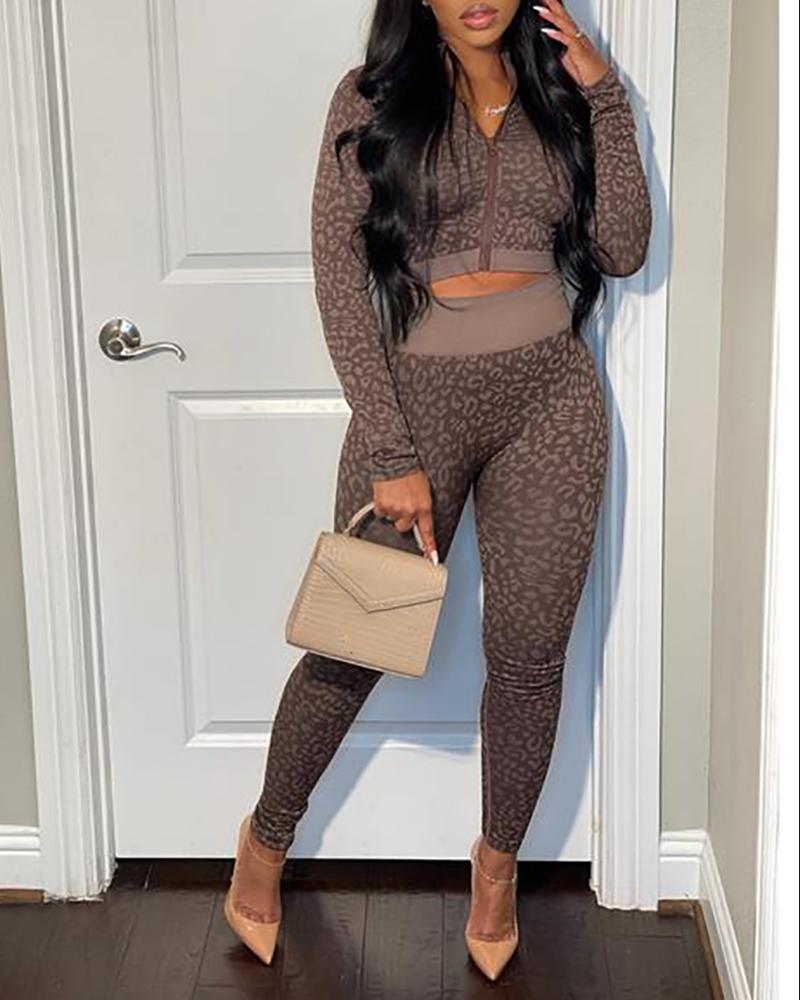 

Cheetah Pattern Print Zipper Design Top & High Waist Pants Set, Coffee
