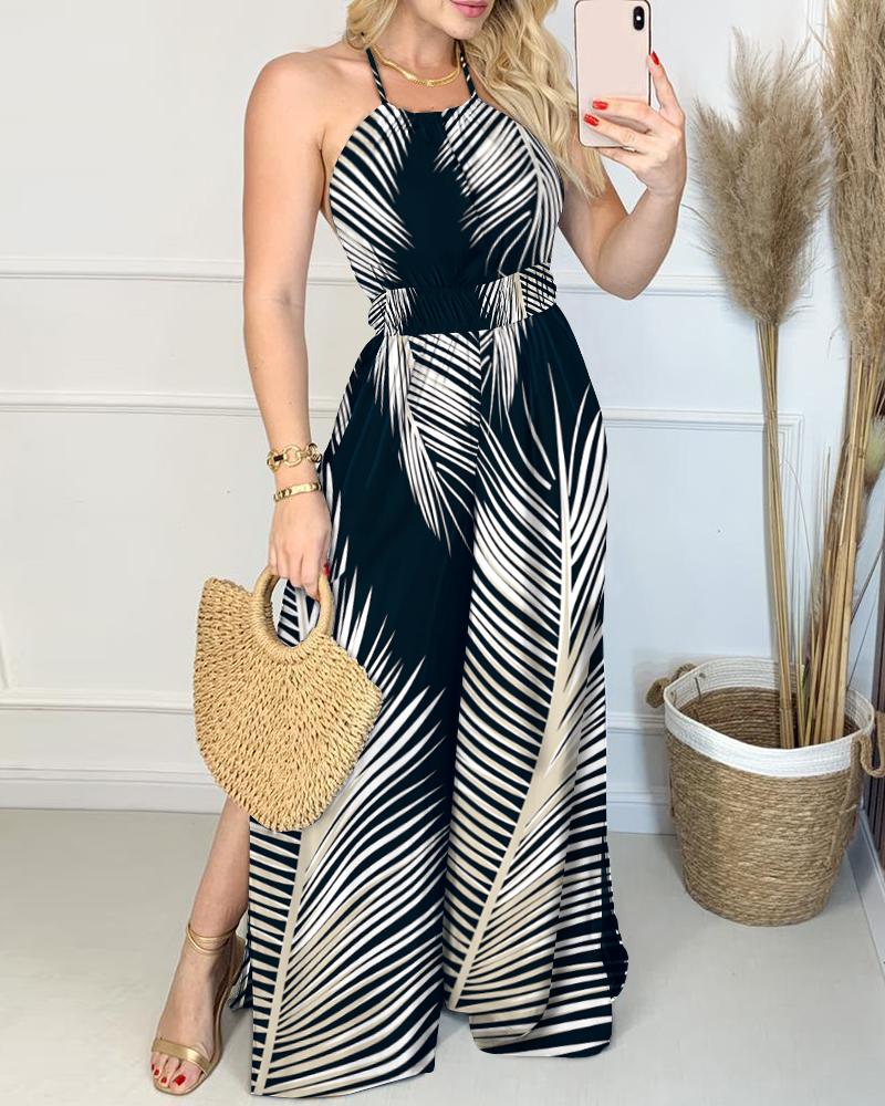 

Halter Large Feather Print Slit Leg Jumpsuit, Black