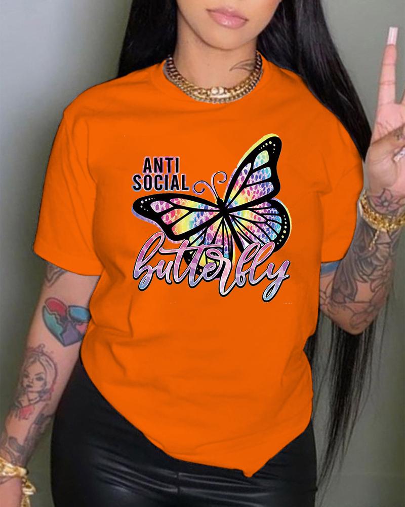 

Butterfly Letter Print Short Sleeve Casual T-shirt, Orange