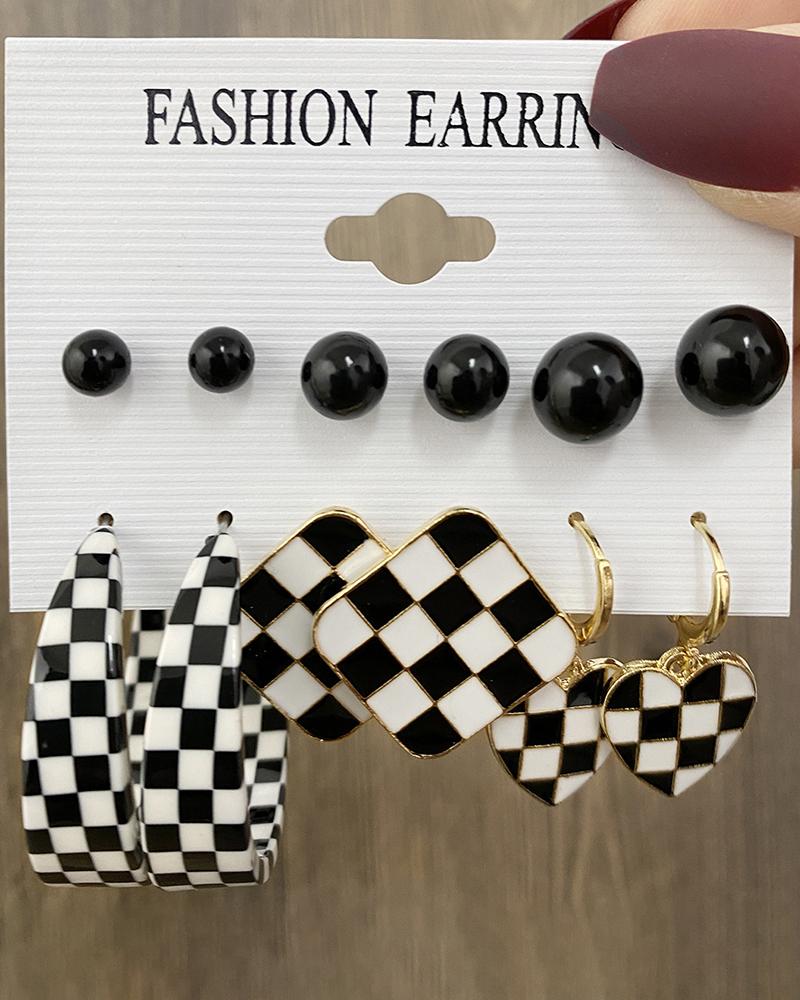 

6Pair Round Shaped Plaid Pattern Drop Earrings Set, Black