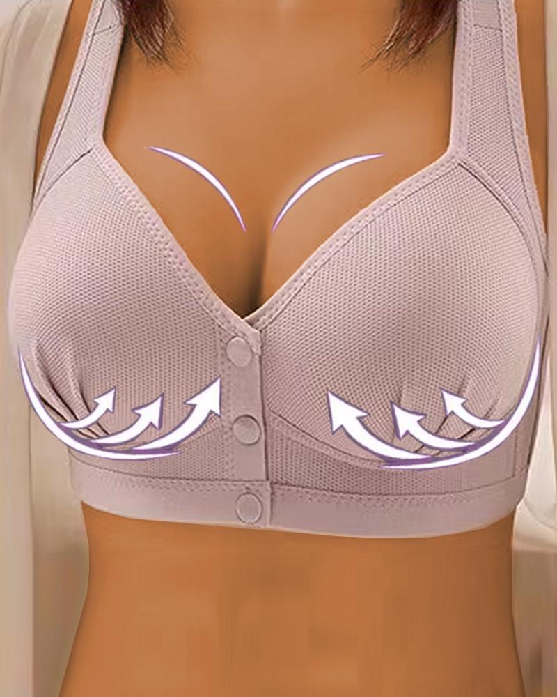 

Button Front Ruched Push Up Wireless Lifting Bra, Gray