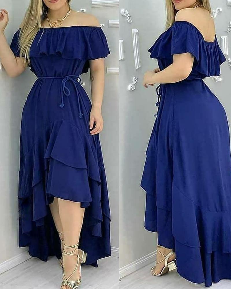 

Layered Ruffles Asymmetrical Maxi Dress With Belt, Blue