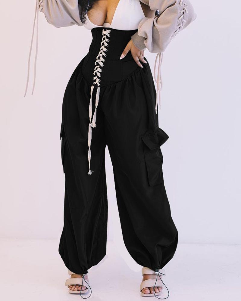 

High Waist Eyelet Lace Up Wide Leg Pants, Black