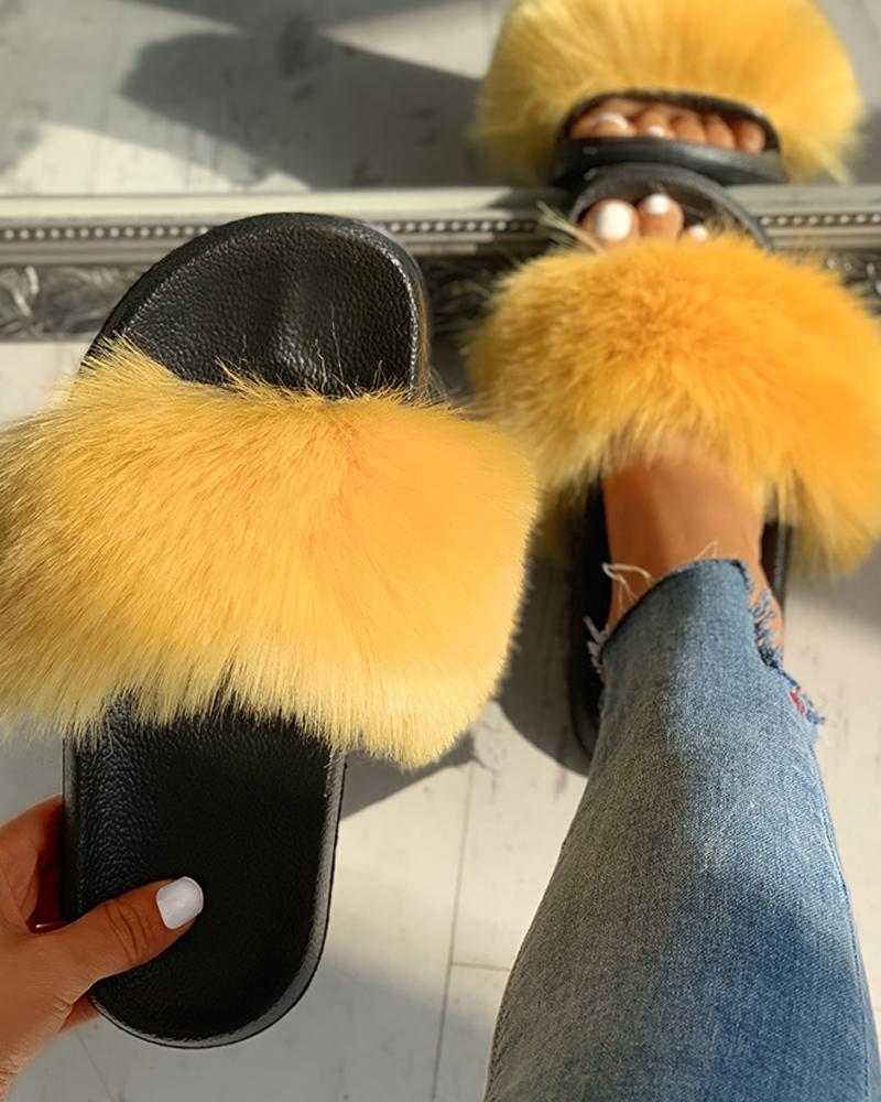 

Peep Toe Fluffy Flat Slipper Sandals, Yellow