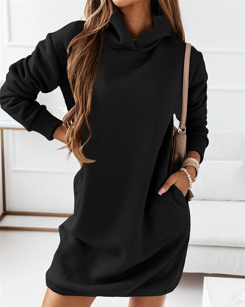 

Long Sleeve Pocket Detail Hooded Sweatshirt Dress, Black