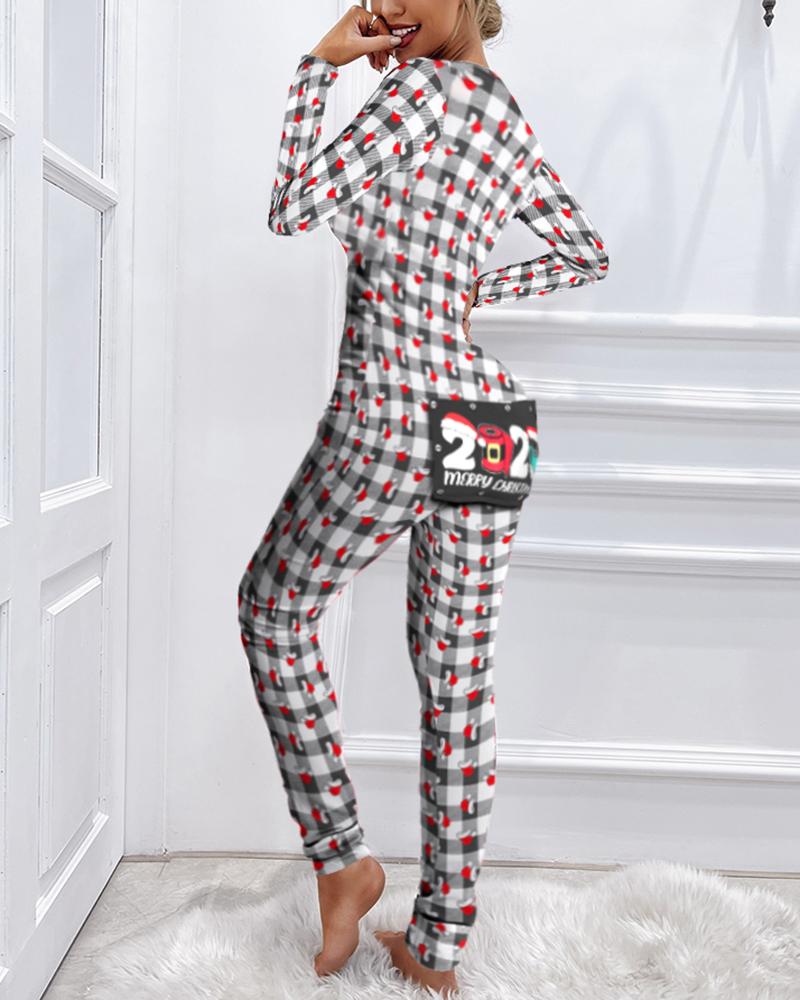 

Christmas Graphic Plaid Print Functional Buttoned Flap Adults Pajamas, Black