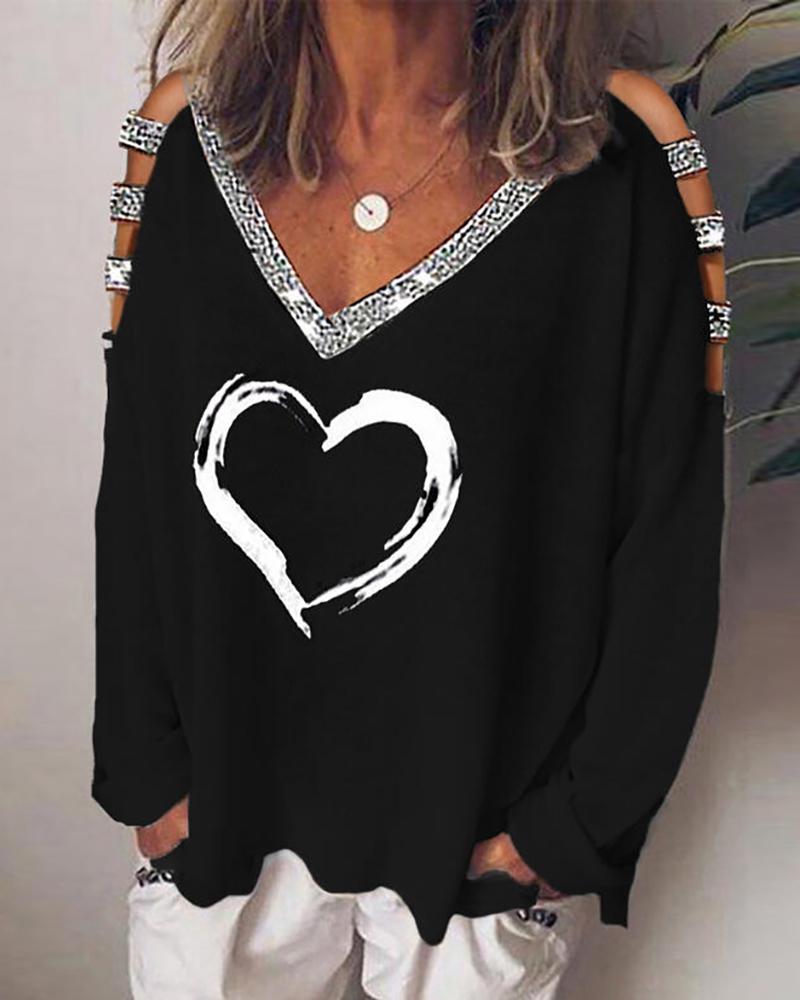 

Heart Print Studded Long Sleeve Top, Black