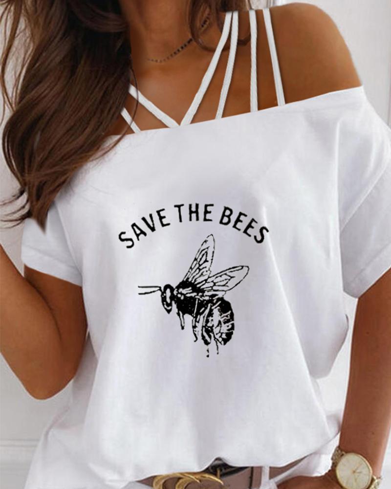 

Bee Slogan Letter Print One Shoulder Lace-up T-shirt, White