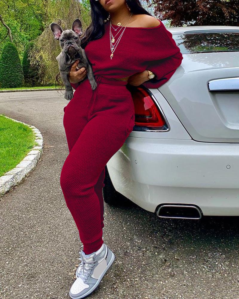 

Plus Size Batwing Sleeve Crop Top & Drawstring Pants Set, Wine red