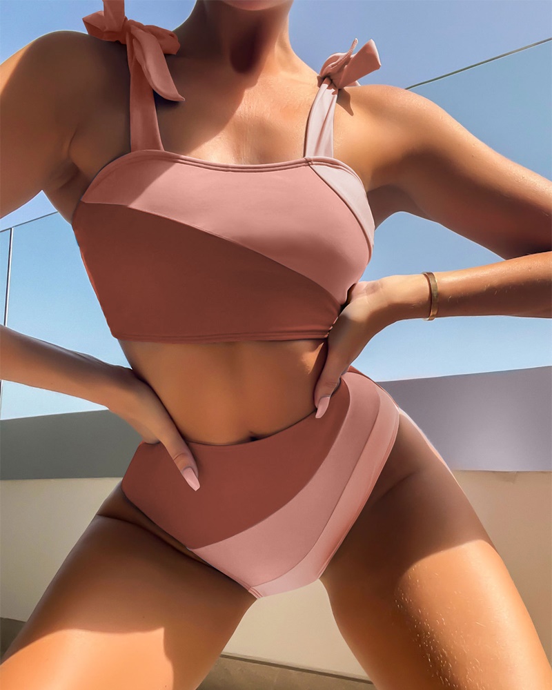 

Colorblock Tied Detail High Waist Bikini Set, Brown