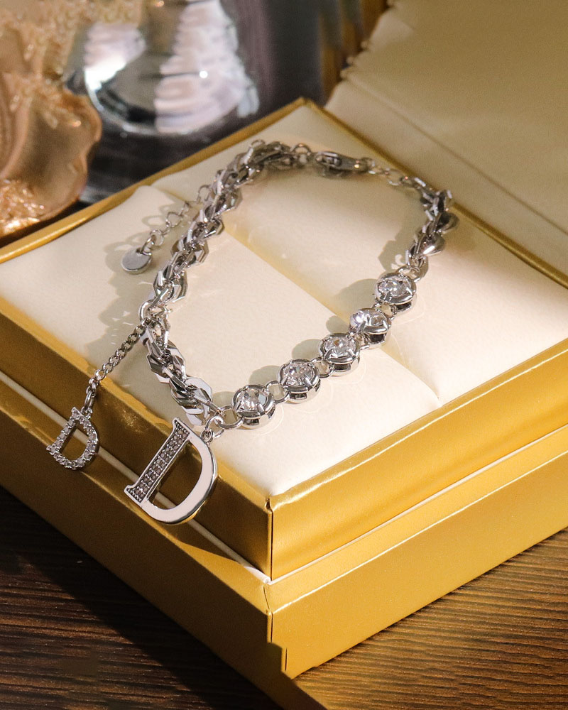 

Rhinestone Decor Letter Charm Bracelet, Silver