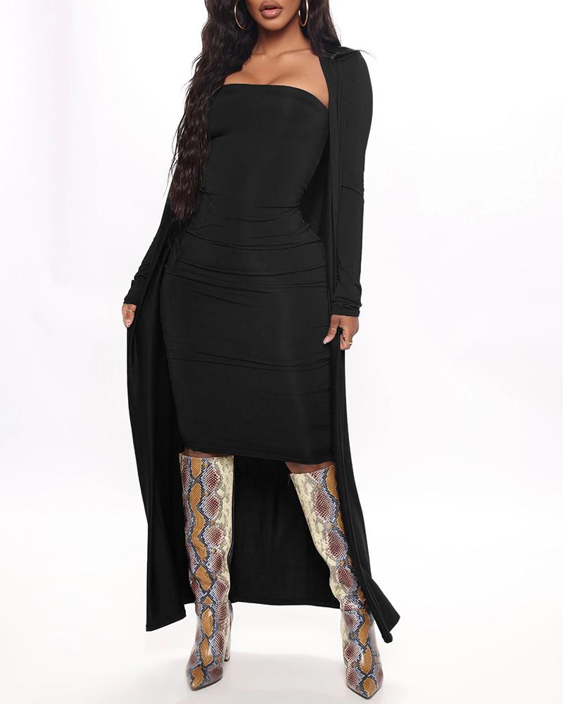 

Bandeau Bodycon Dress With Open Front Coat, Black