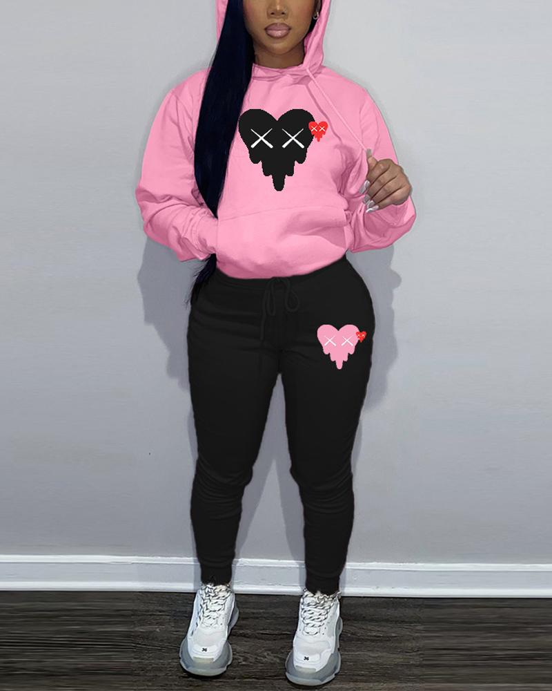 

Heart Print Long Sleeve Drawstring Hoodie & Pants Set, Pink