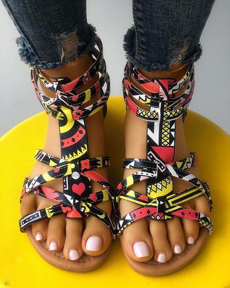 

Graffiti Print Strappy Bandage Flat Sandals, Green