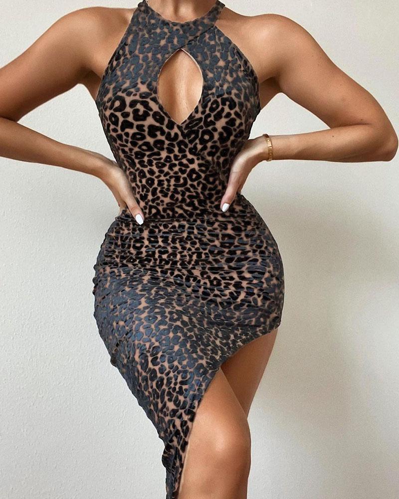 

Leopard Print Cutout Split Thigh Bodycon Dress, Black