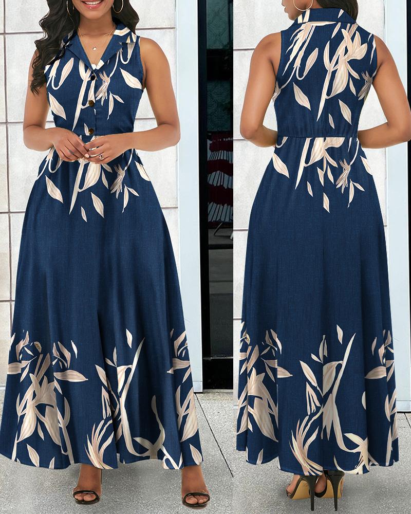 

Plants Print Buttoned Sleeveless Maxi Dress, Dark blue