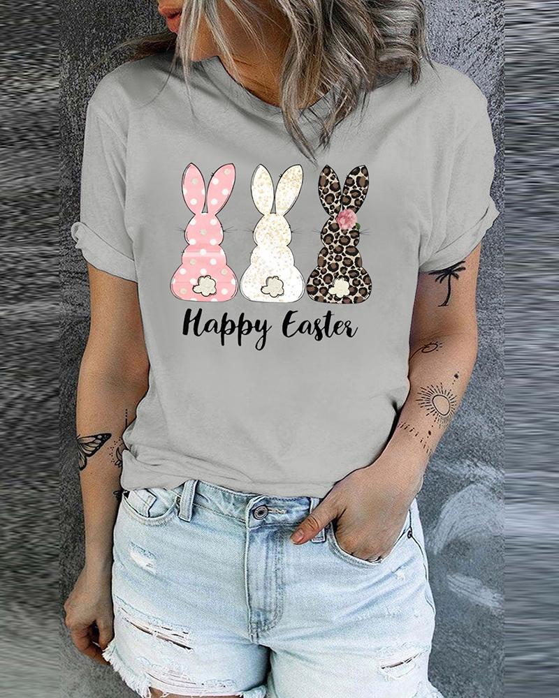 

Happy Easter Bunny Print T-shirt Holiday Graphic Tee, Light gray