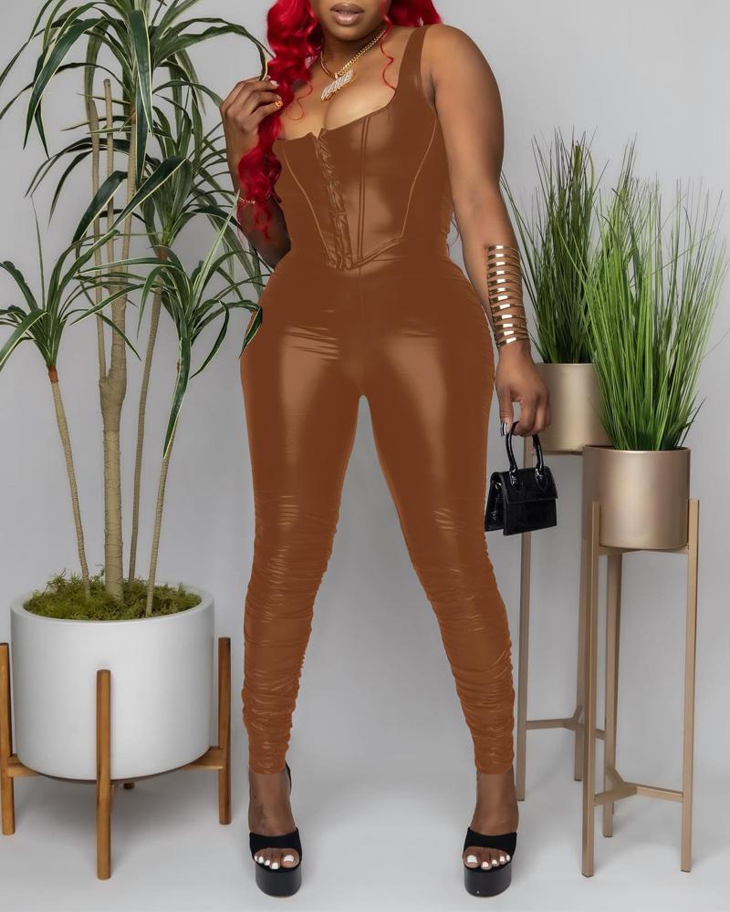 

Sleeveless Corset Top & High Waist Pants Set, Coffee