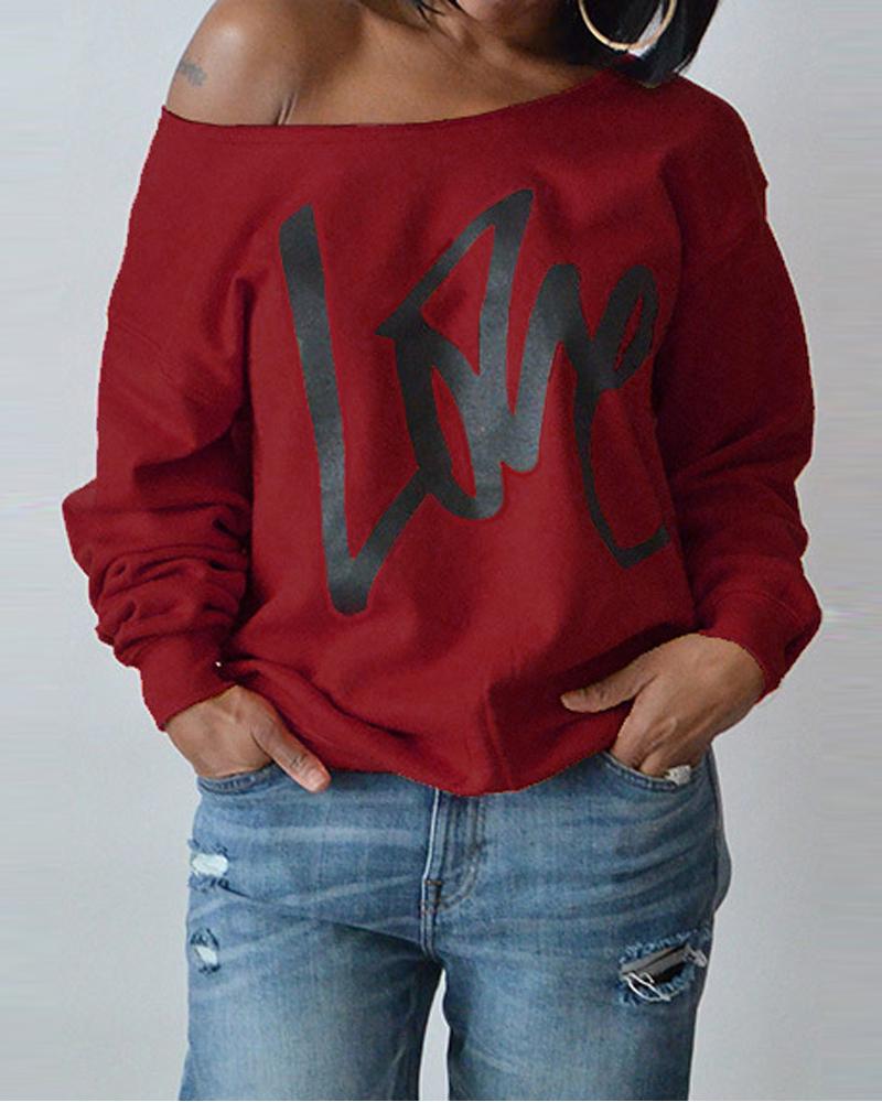 

Letter Print Long Sleeve Sweatshirt, Wine red