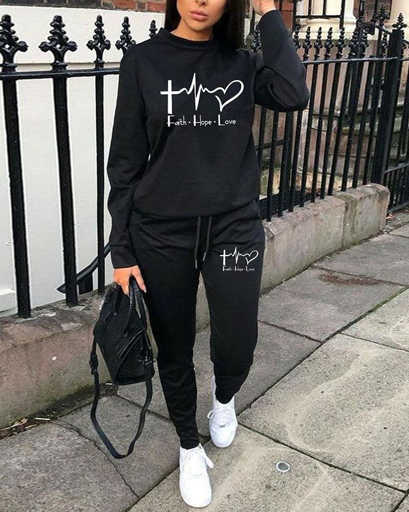 

Letter Heart Print Long Sleeve Top & Drawstring Pants Set, Black