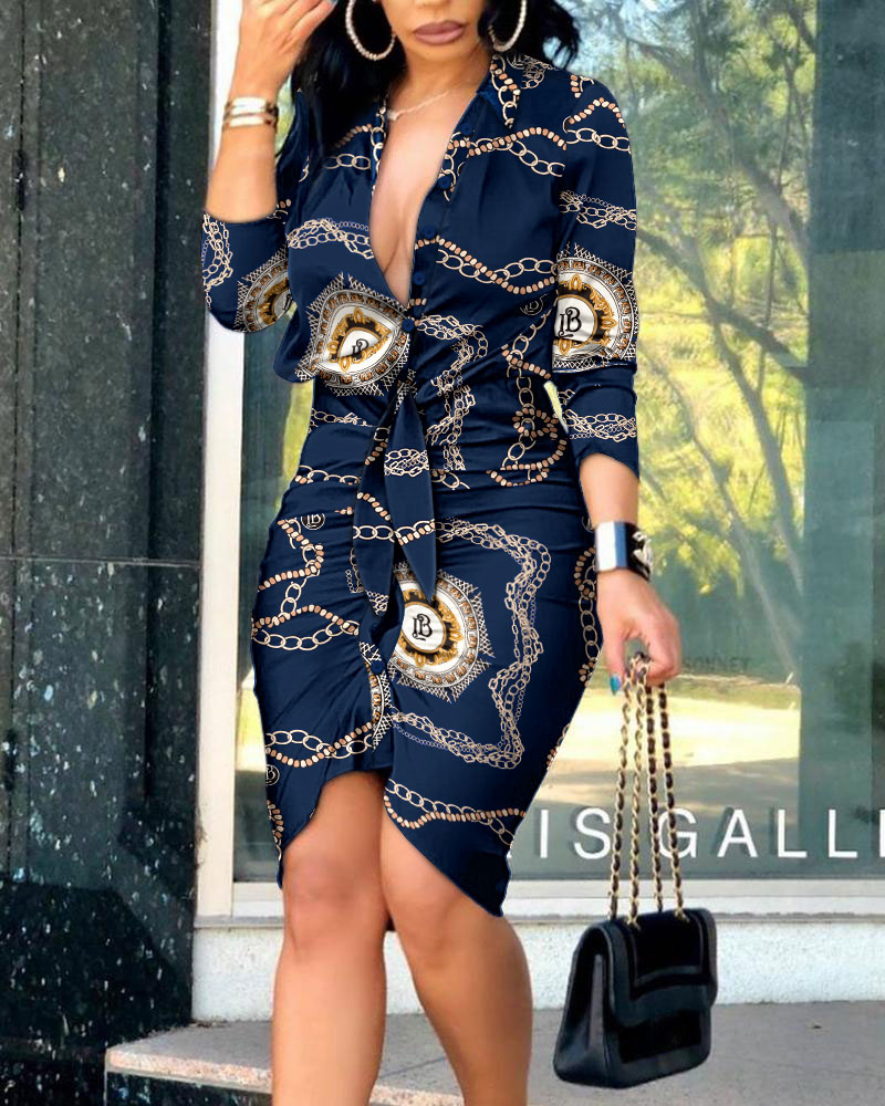 

Baroque Chain Print Tied Detail Long Sleeve Shirt Dress, Purplish blue