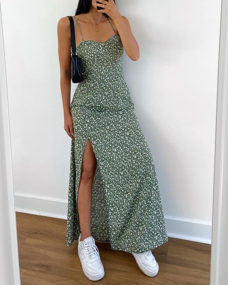 

Ditsy Floral Print Spaghetti Strap Slit Maxi Dress, Green