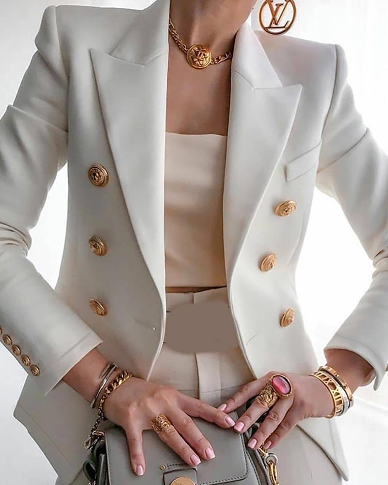 

Button Decor Long Sleeve Blazer Coat, White