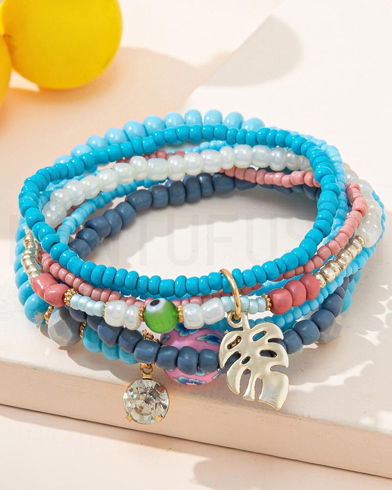 

1pc Palm Leaf Beaded Bohemian Multi-Layer Bracelet, Blue