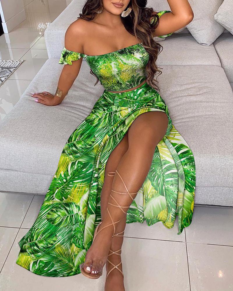 

Tropical Print Shirred Crop Top & Split Thigh Skirt Set, Green