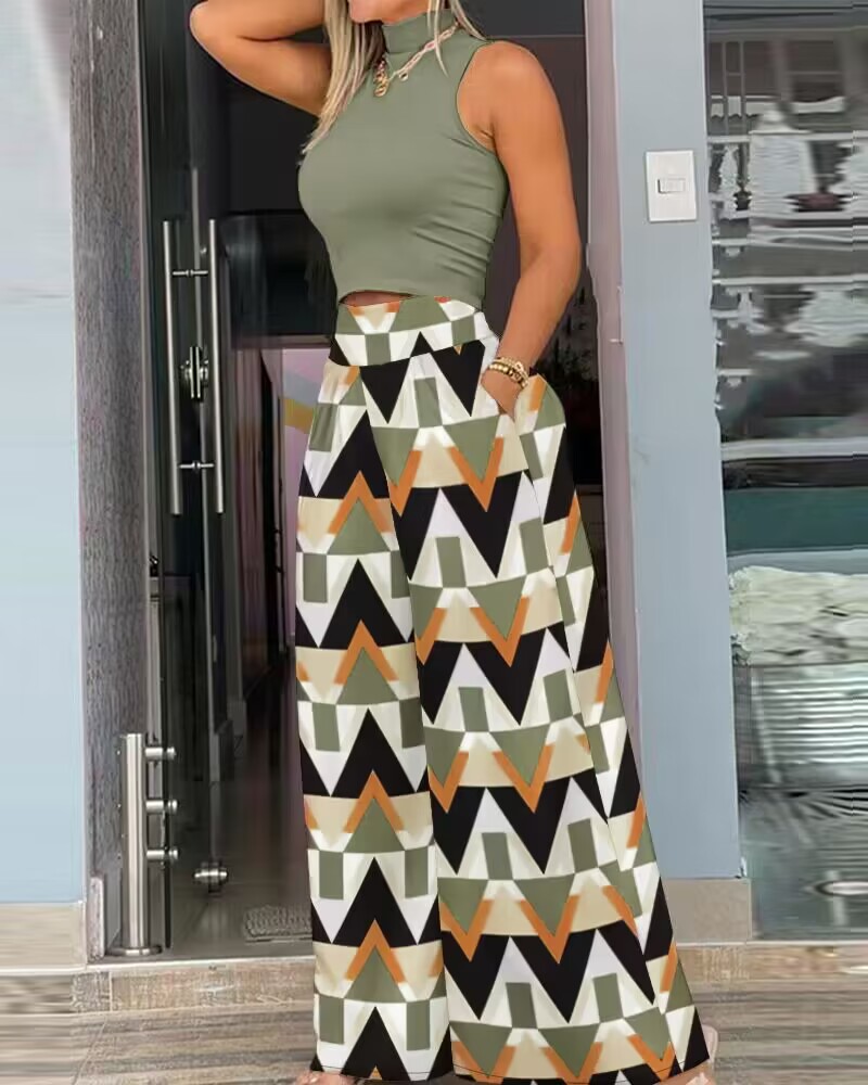 

High Neck Sleeveless Top & Geometric Print Wide Leg Pants Set, Green