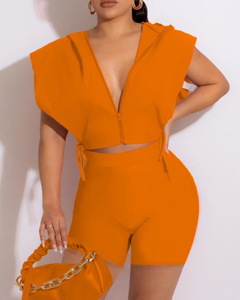 

Zip Up Tie Side Hooded Crop Top & Shorts Set, Orange