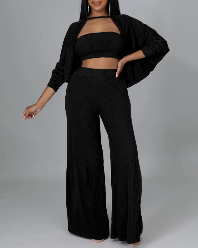

Knit Bandeau Top & Wide Leg Pants Set With Coat, Black