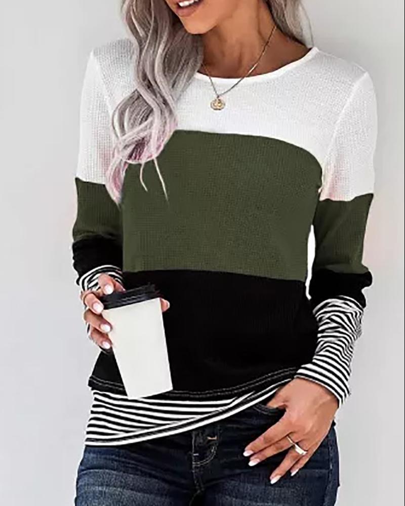 

Striped Print Colorblock Long Sleeve Top, Green