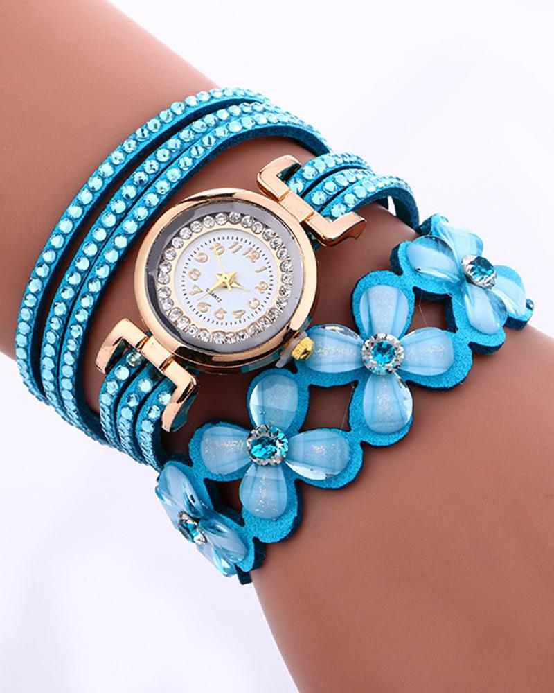 

1pc Rhinestone Floral Pattern Stackable Bangle Quartz Watch, Turquoise blue