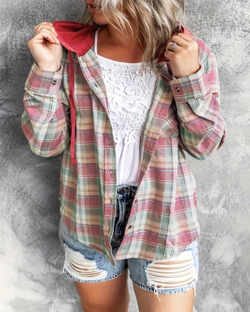 

Plaid Print Buttoned Hooded Top, Red